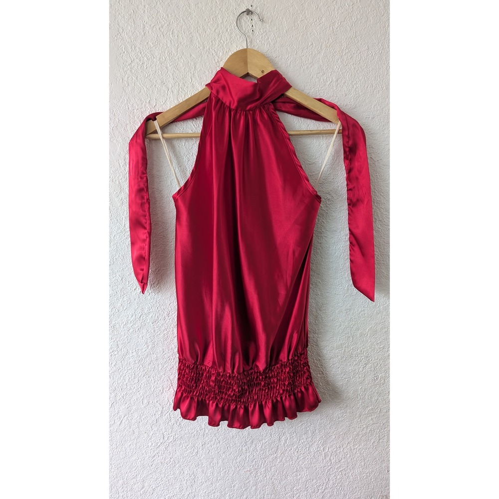 Vintage April USA Red Satin Halter Top Tie Neck Smocked Waist Ruffle Hem